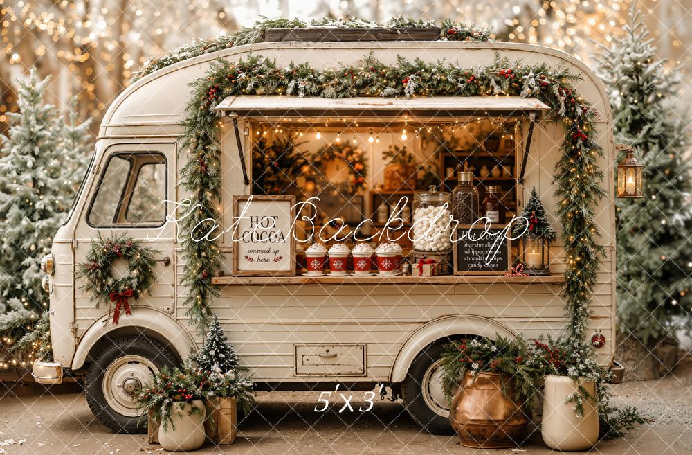 Kate Christmas White Hot Cocoa Truck Garland Printed Backdrop Designed by Emetselch