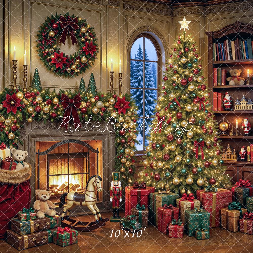 Kate Christmas Fireplace Tree Bookshelf Gifts Printed Backdrop Designed by Mini MakeBelieve