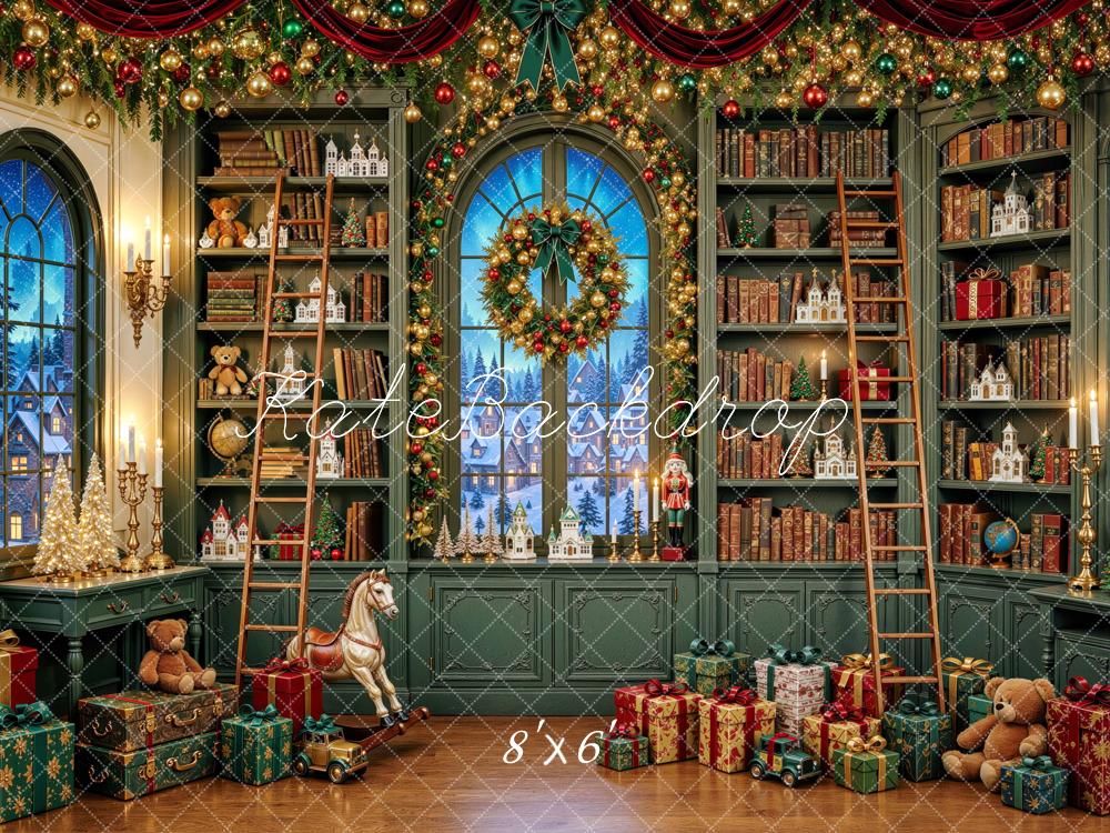 Kate Christmas Green Library Bookshelves Wreath Gifts Printed Backdrop Designed by Mini MakeBelieve