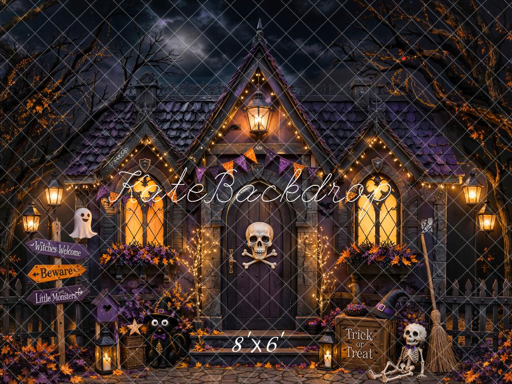 Kate Halloween Night Haunted House Skull Skeleton Doorway Printed Backdrop Designed by Chain Photography