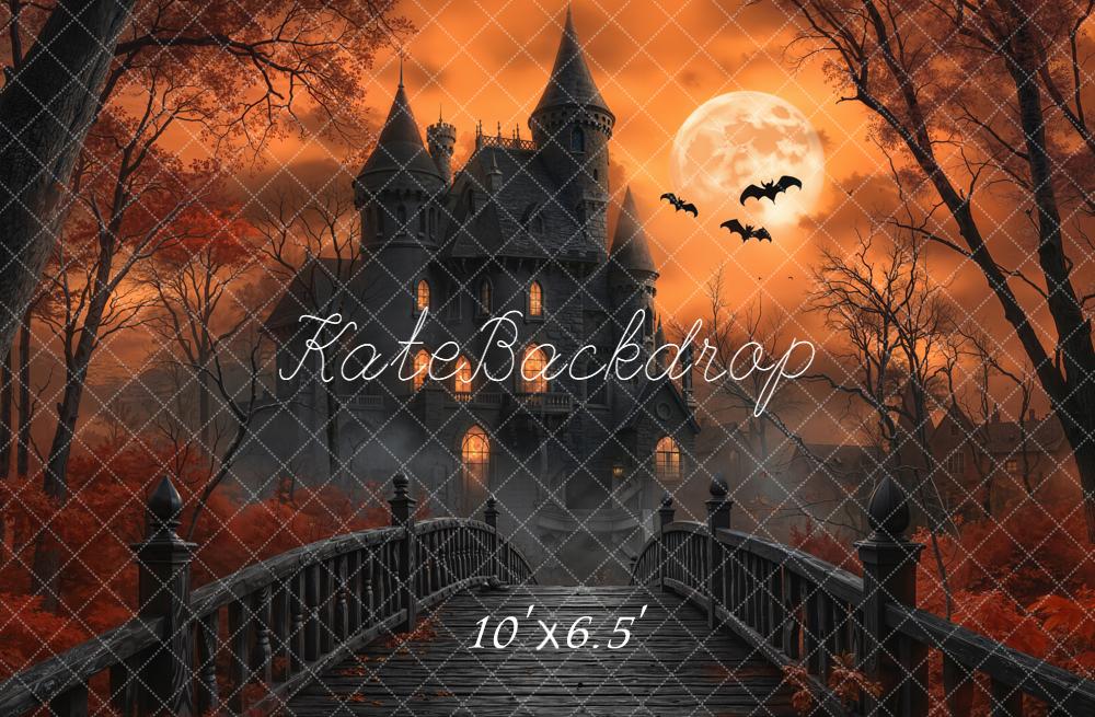 Kate Halloween Haunted Castle Bridge Full Moon Bats Orange Backdrop Designed by Emetselch