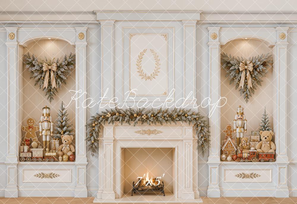 Kate Christmas Fireplace Retro Wall Nutcracker Garland Gingerbread Printed Backdrop Designed by Emetselch