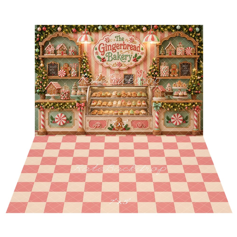 Kate Christmas Gingerbread Bakery Shop Candy Striped Wall Printed Backdrop+Pink Cream Checkerboard Floor Printed Backdrop