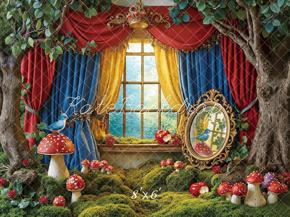 Kate Fairy Fantasy Forest Red Blue Yellow Curtains Mushroom Window Mirror Backdrop Designed by Emetselch