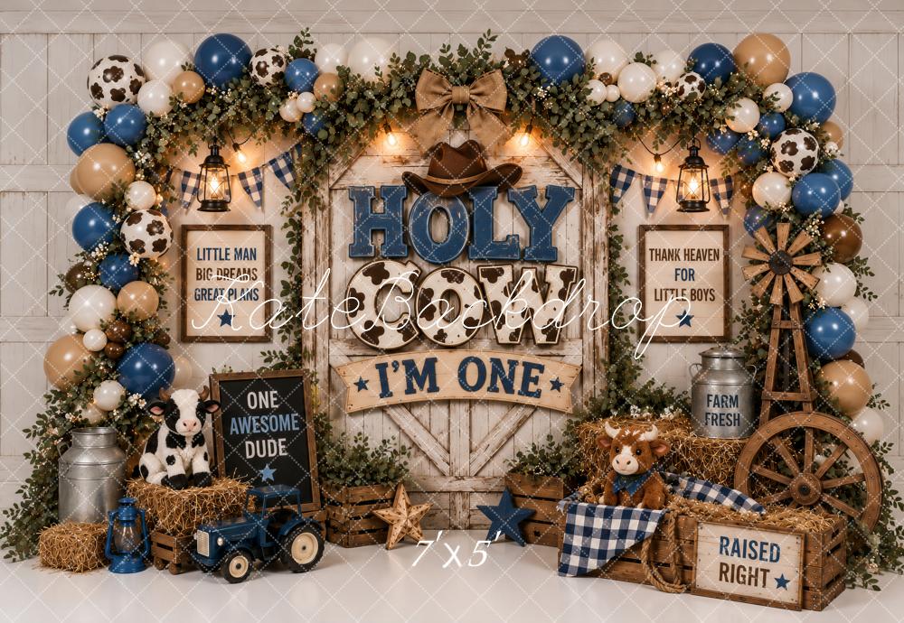 Kate Cake Smash Cowboy Farm First Birthday Balloons Blue Printed Backdrop Designed by Ashley Paul
