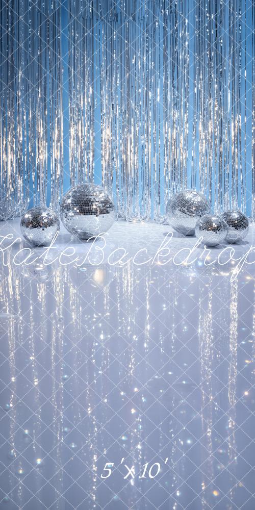 Kate Disco Silver Balls Tinsel Curtain Blue Printed Backdrop Designed by Emetselch