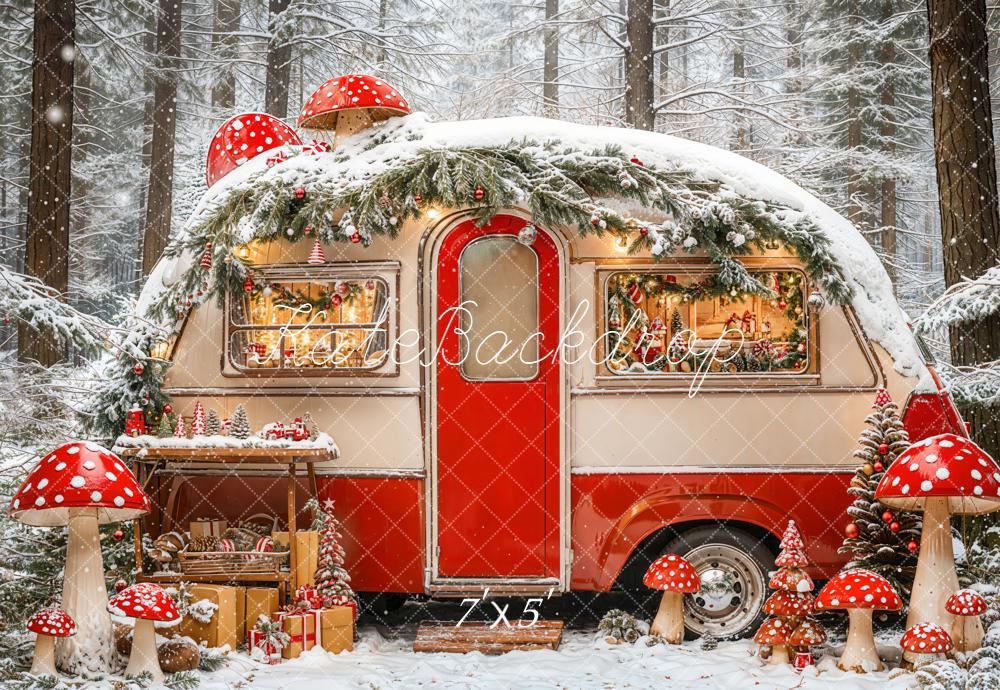 Kate Christmas Red Camper Mushrooms Snowy Forest Backdrop Designed by Emetselch