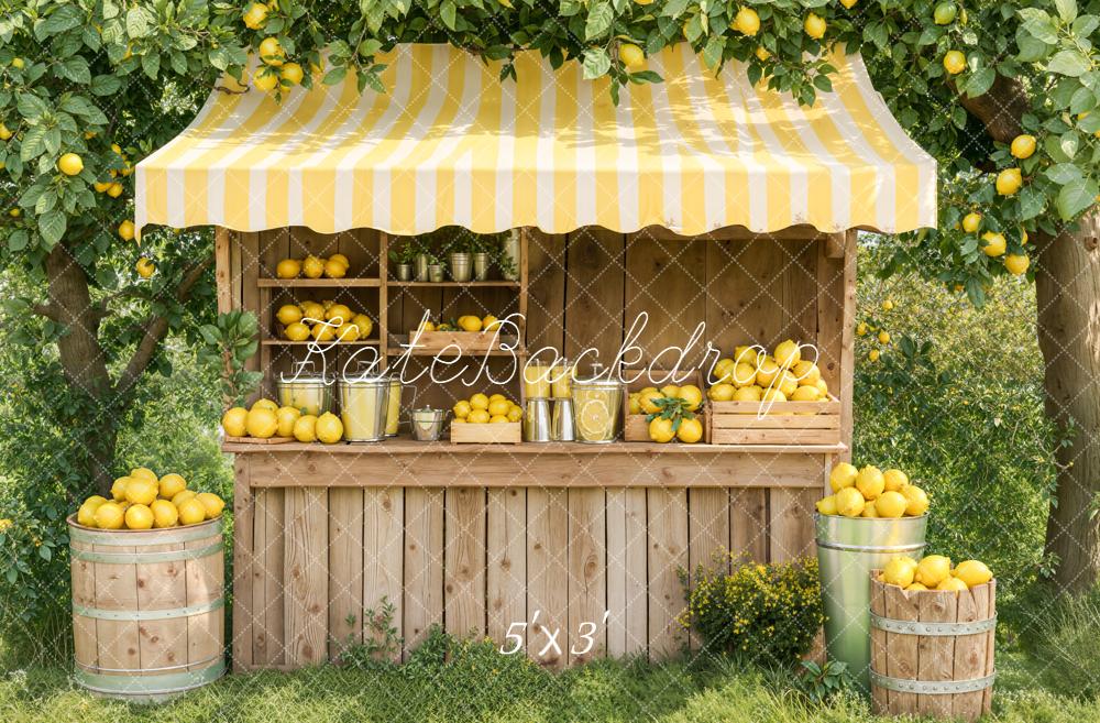 Kate Summer Lemonade Stand Yellow Lemons Wooden Market Backdrop Designed by Emetselch
