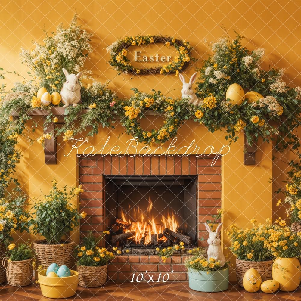 Kate Easter Bunny Eggs Yellow Flowers Fireplace Backdrop Designed by Emetselch