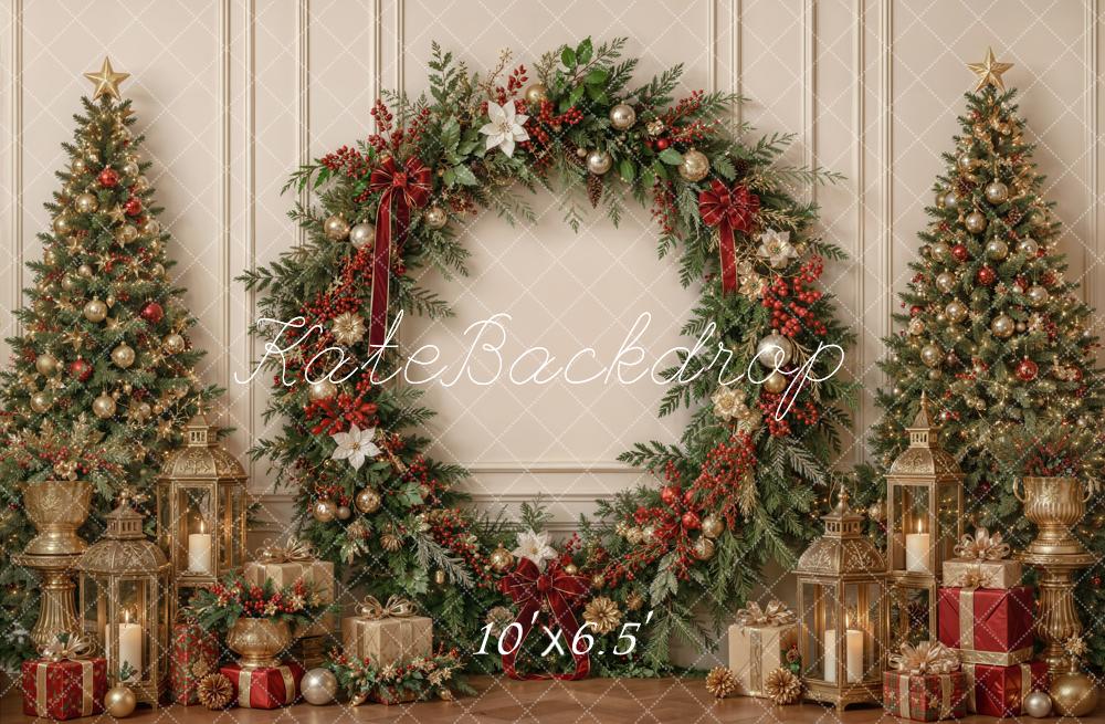 Kate Christmas Greenery Wreath Arch Trees Lanterns Cozy Printed Backdrop Designed by Emetselch