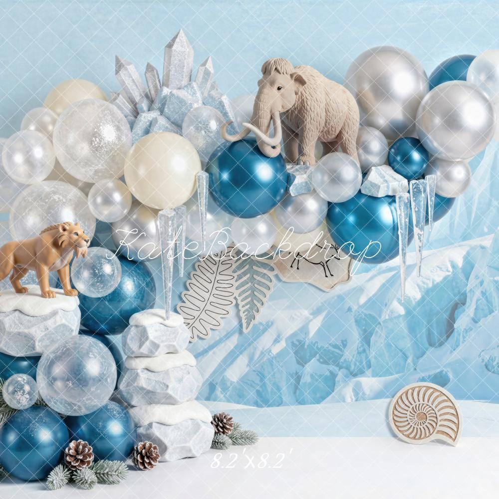 Kate Cake Smash Winter Blue Prehistoric Animals Crystal Balloons Printed Backdrop Designed by Mini MakeBelieve