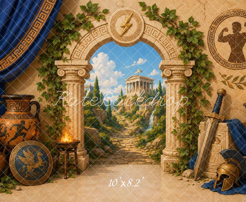 Kate Birthday Ancient Greek Temple Archway Columns Helmet Printed Backdrop Designed by Caitlin Lynch