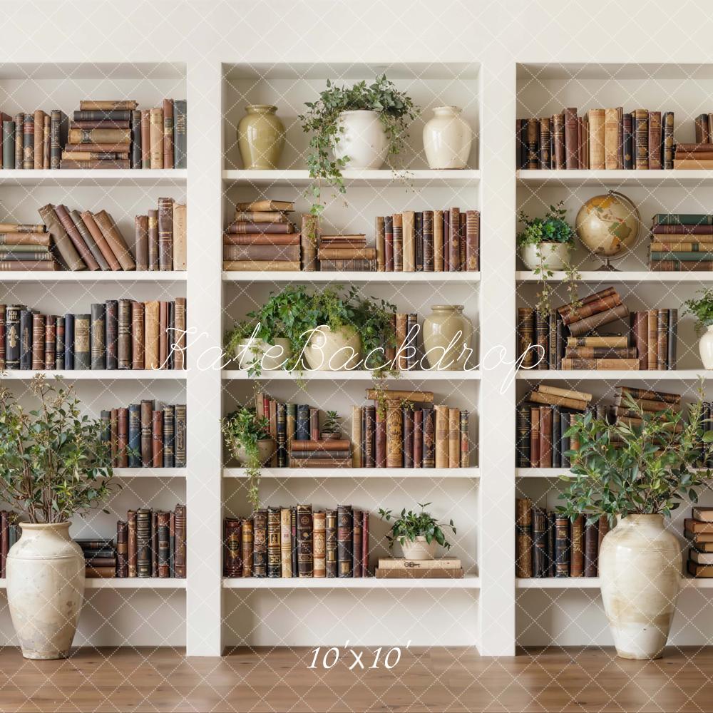 Kate Bookshelf White Shelves Books Plants Vases Printed Backdrop Designed by Emetselch