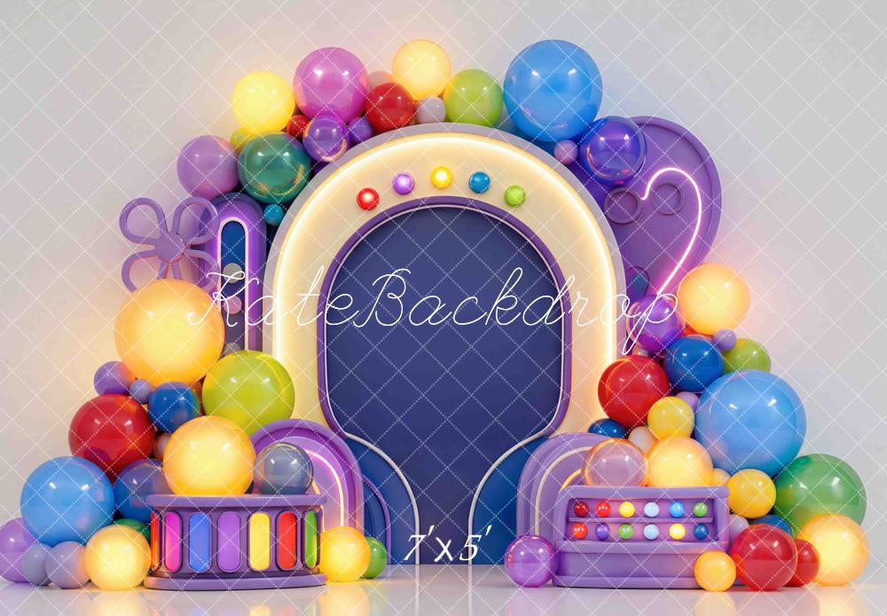 Kate Cake Smash Colorful Balloon Arch Round Frame Printed Backdrop Designed by Mini MakeBelieve