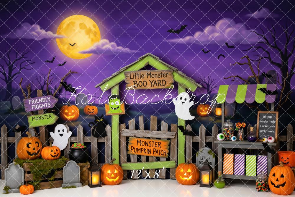 Kate Halloween Monster Pumpkin Patch Fence Kids Printed Backdrop Designed by Patty Roberts