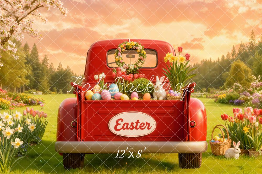 Kate Easter Red Truck Eggs Bunny Flowers Garden Backdrop Designed by Emetselch