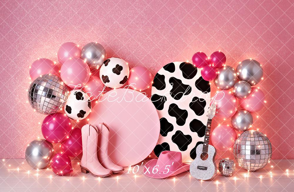 SALE Kate Birthday Cowgirl Pink Balloon Guitar Disco Backdrop Designed by Ashley Paul