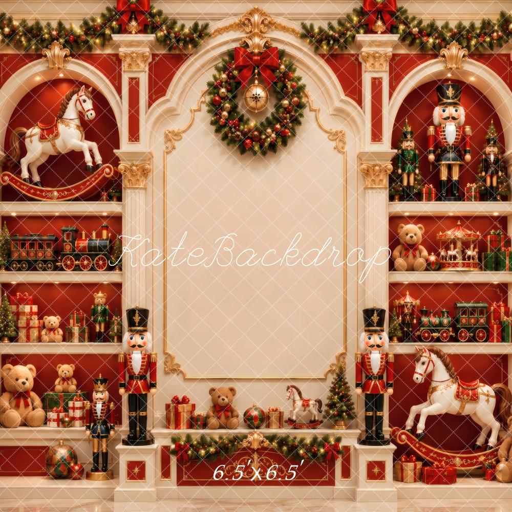 Kate Christmas Nutcracker Toy Train Rocking Horse Red Printed Backdrop Designed by Vertigo Productions