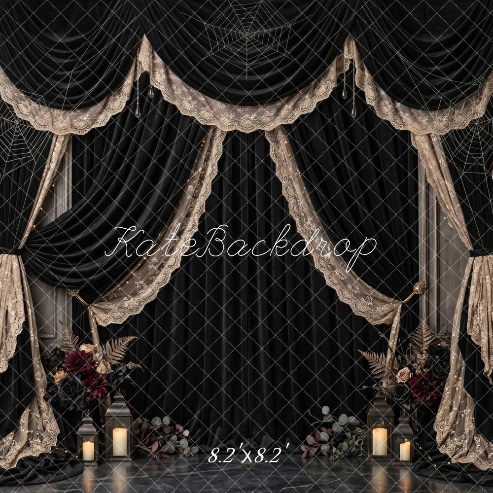 Kate Halloween Gothic Black Lace Victorian Mourning Drapery Printed Backdrop Designed by Patty Roberts