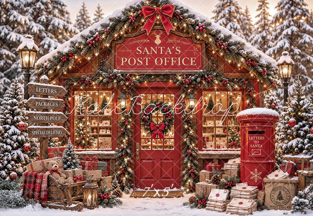 Kate Christmas Santa Post Office Mailbox Letters Snowy Printed Backdrop Designed by Emetselch