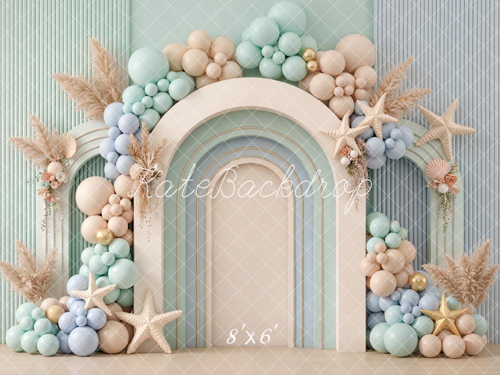 Kate Summer Cake Smash Arch Balloons Starfish Pampas Grass Pastel Printed Backdrop Designed by Emetselch