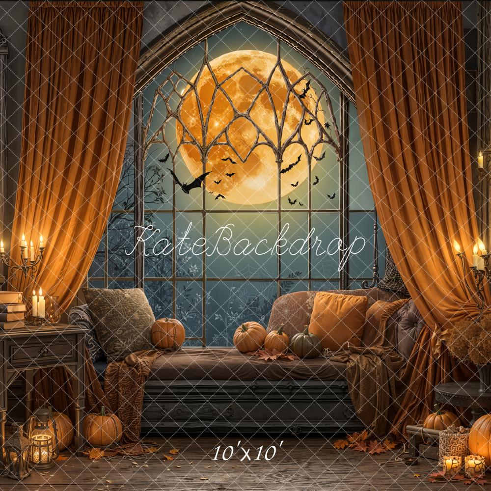 Kate Halloween Moon Bats Window Pumpkins Orange Curtains Backdrop Designed by Emetselch