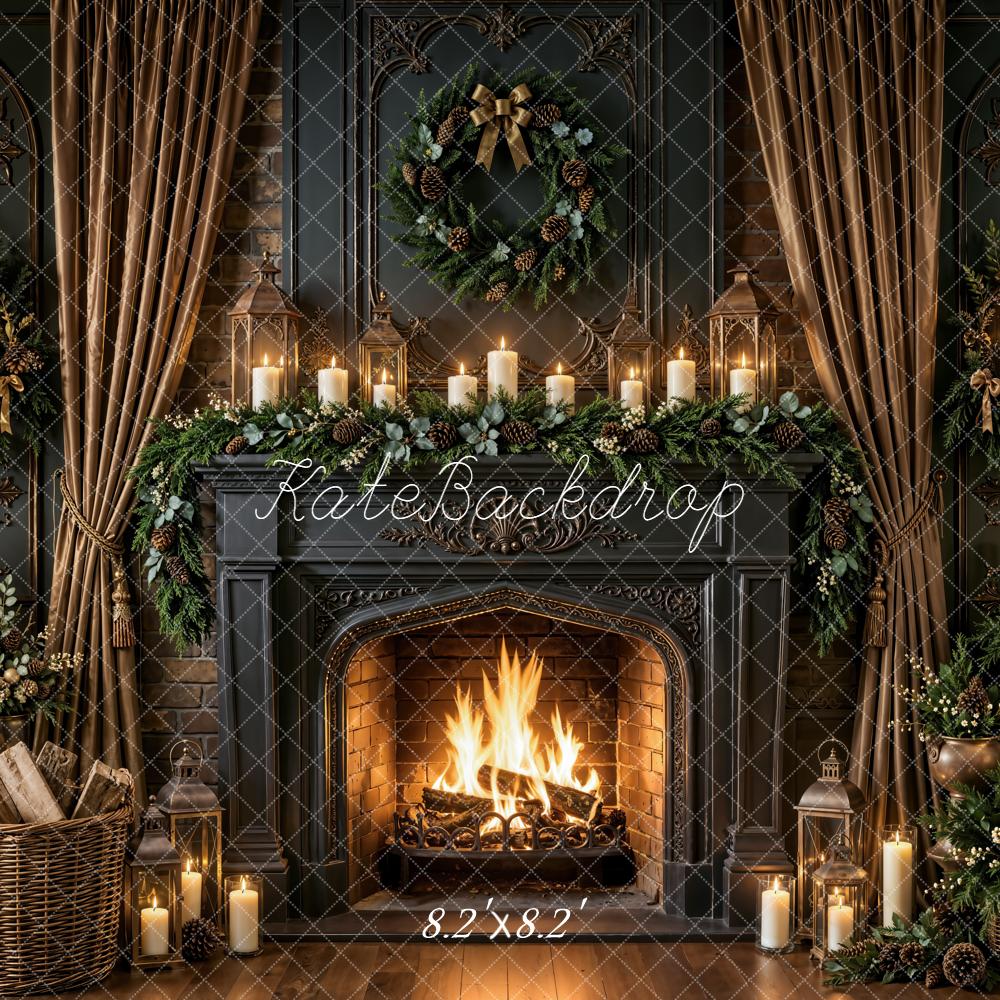Kate Christmas Fireplace Vintage Wreath Greenery Candles Garland Lanterns Printed Backdrop Designed by Emetselch