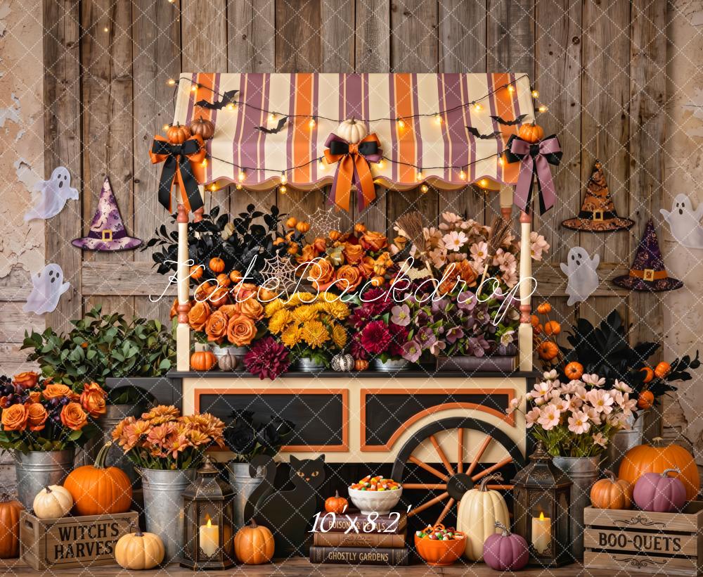 Kate Halloween Pumpkin Floral Cart Witch Bow Striped Awning Printed Backdrop Designed by Patty Roberts