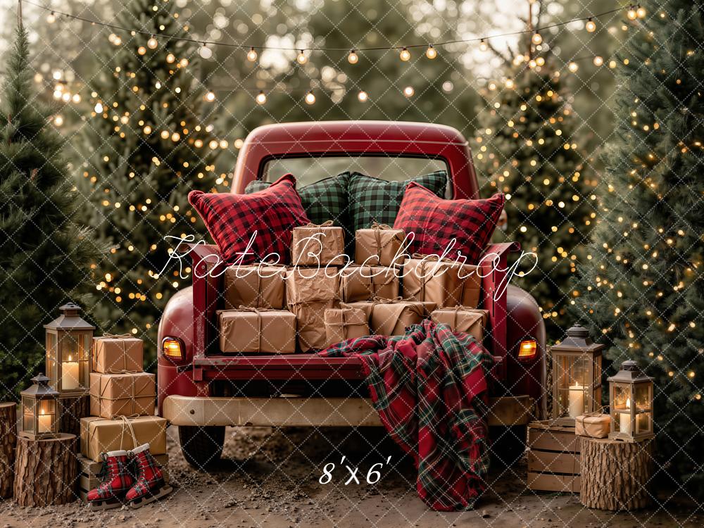 Kate Christmas Red Truck Gifts Pine Trees Red Plaid Lanterns Printed Backdrop Designed by Emetselch