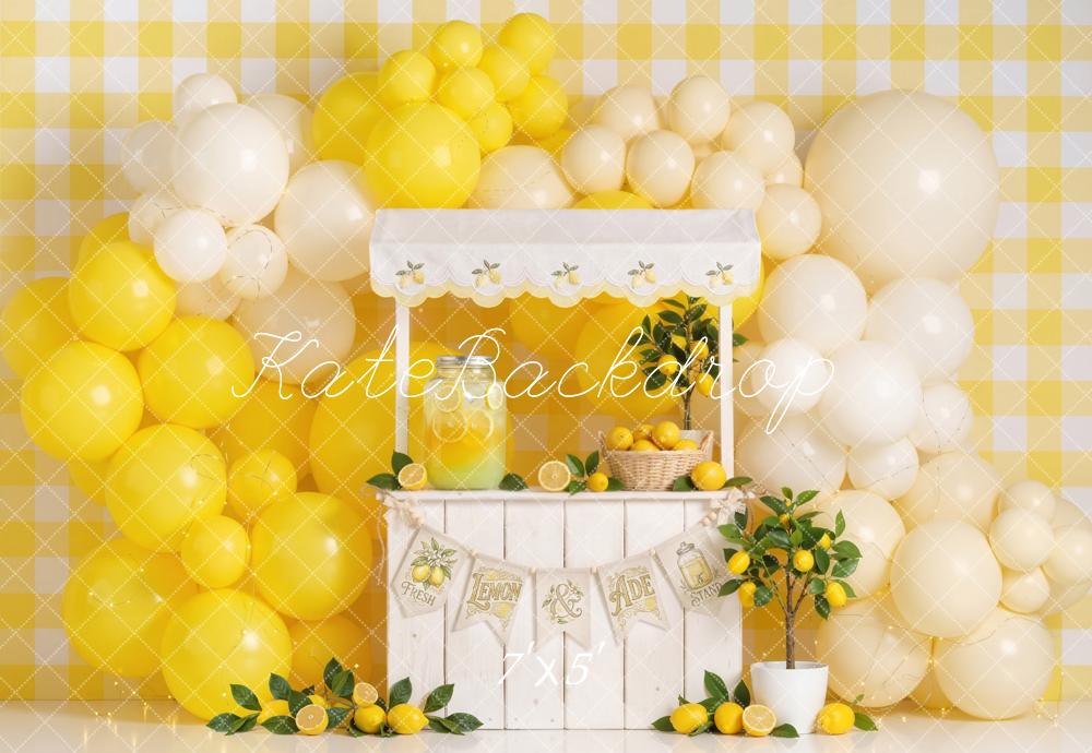 Kate Lemonade Stand Yellow Balloons Gingham Lemon Decor Printed Backdrop Designed by Emetselch