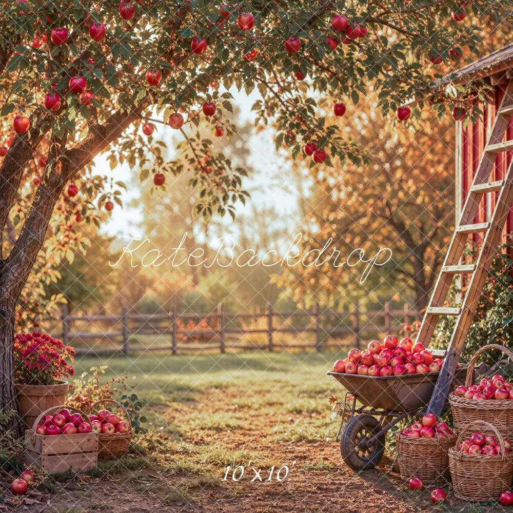 Kate Fall Apple Orchard Tree Red Barn Ladder Baskets Printed Backdrop Designed by Emetselch