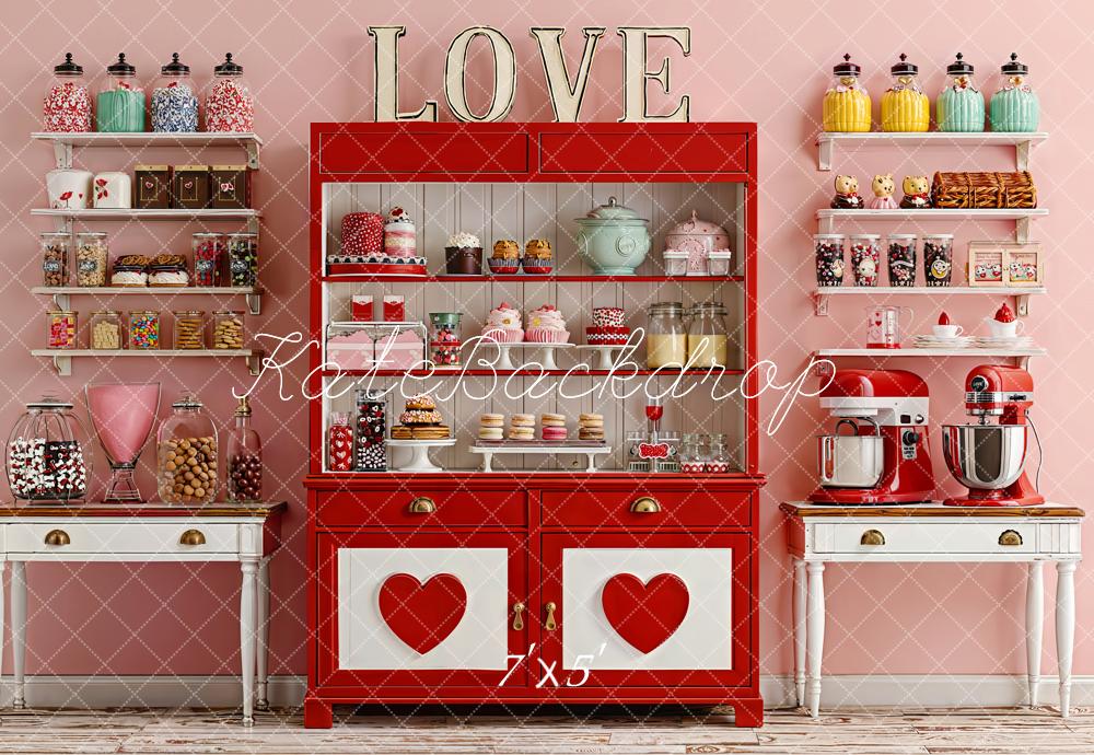 Kate Valentine's Day Red Cabinet Heart Candy Bar Shelves Backdrop Designed by Emetselch