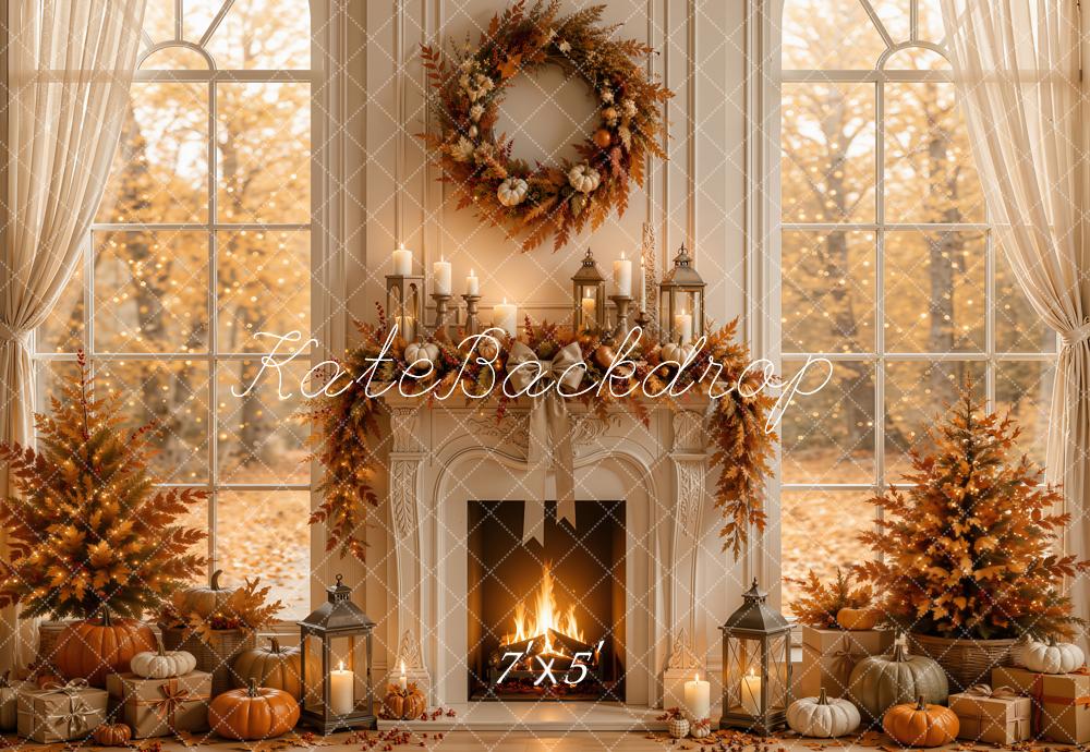 Kate Fall Fireplace Window Pumpkin Wreath Cozy Printed Backdrop Designed by Emetselch