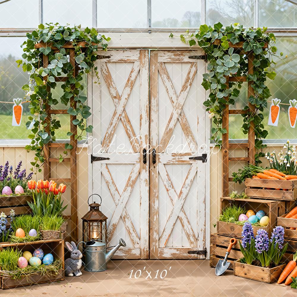 Kate Easter Bunny Carrot Greenhouse Rustic Wood Door Backdrop Designed by Emetselch