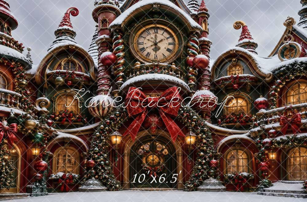 Kate Christmas Whimsical Clock Manor Snow Printed Backdrop Designed by Vertigo Productions