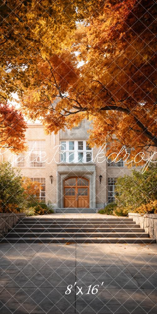 Kate Sweep Fall Entrance Steps Autumn Trees Printed Backdrop Designed by Happy Squirrel Design