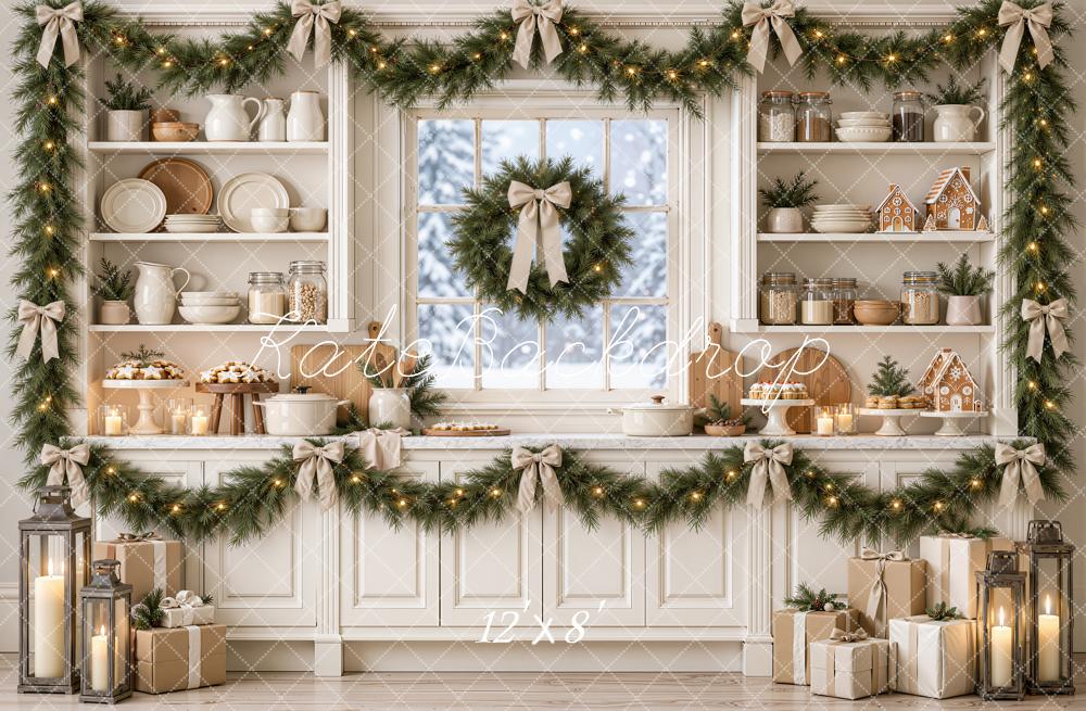 Kate Christmas Kitchen Garland Wreath Gingerbread Baking White Printed Backdrop Designed by Emetselch