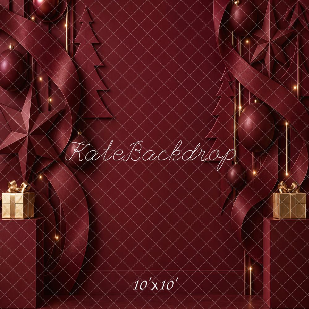 Kate Christmas Burgundy Modern Ribbon Ornaments Printed Backdrop Designed by Vertigo Productions