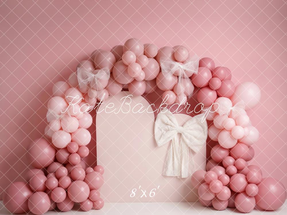 TEST Kate Cake Smash Pink Balloon Arch and White Bow Printed Backdrop Designed by Patty Roberts