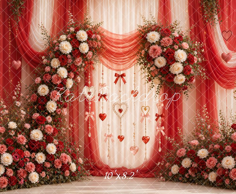 Kate Valentine's Day Floral Red Drapes Arch Hearts Garland Printed Backdrop Designed by Emetselch