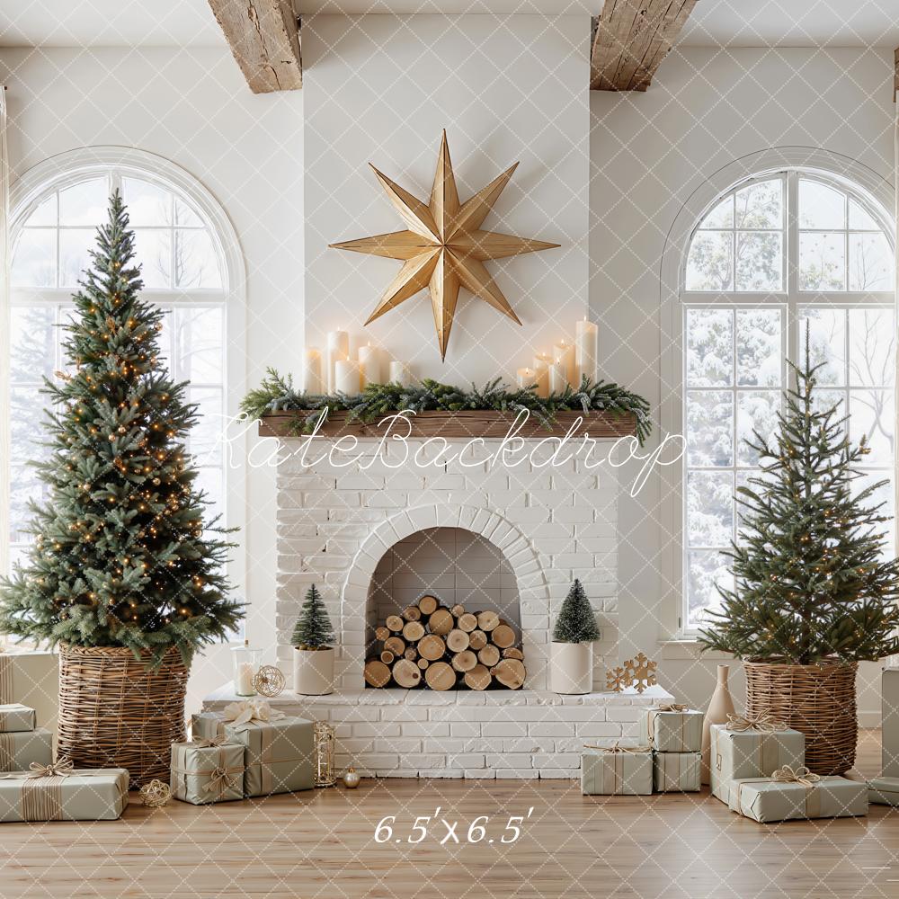 Kate Christmas Rustic White Brick Fireplace Trees Presents Window Printed Backdrop Designed by Emetselch