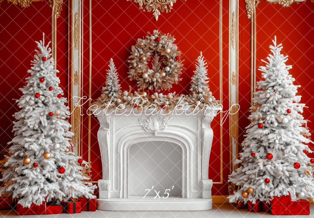 Kate Christmas White Frosted Trees Fireplace Red Wall Wreath Backdrop Designed by Patty Roberts