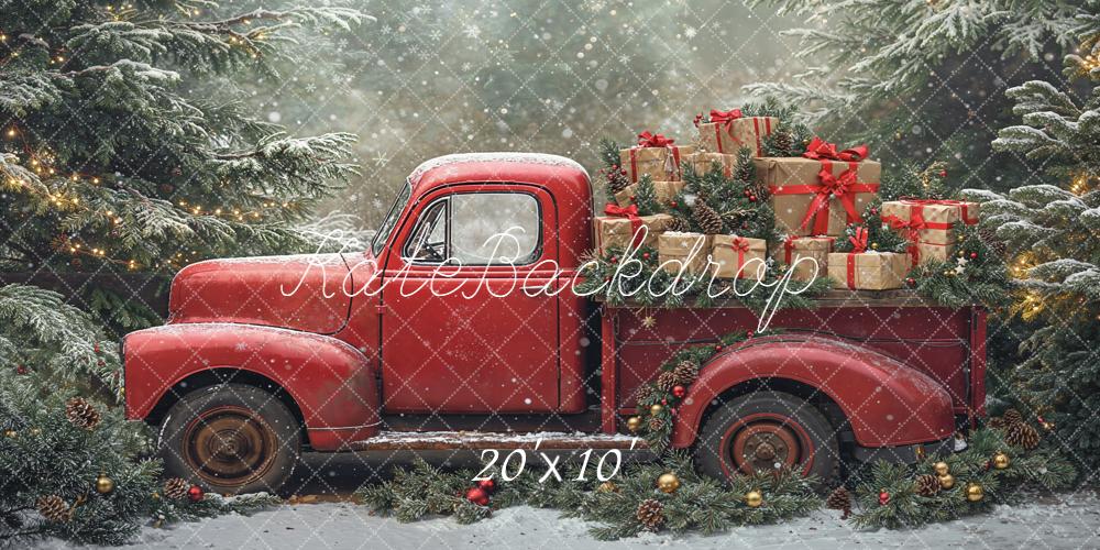 Kate Christmas Red Truck Gifts Pine Trees Snowy Backdrop Designed by Emetselch