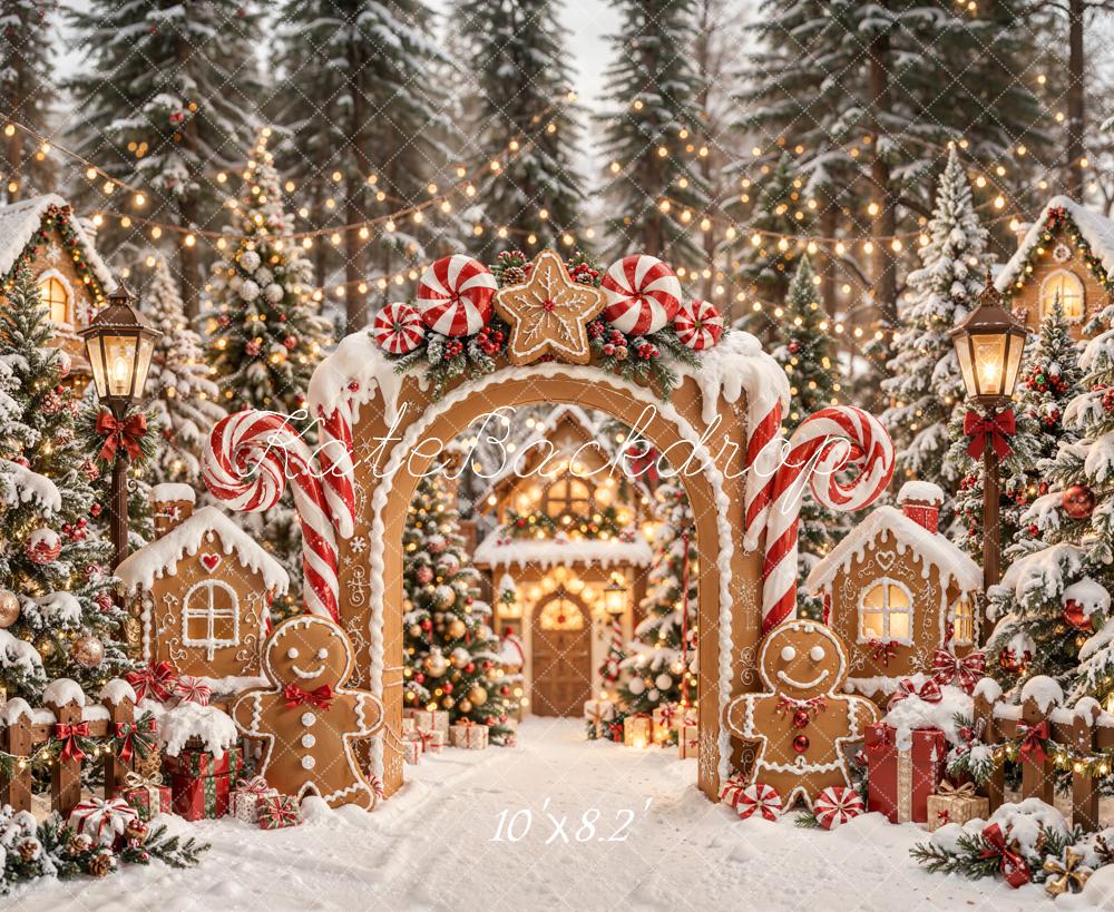 Kate Christmas Gingerbread Arch Candy Cane House Printed Backdrop Designed by Emetselch
