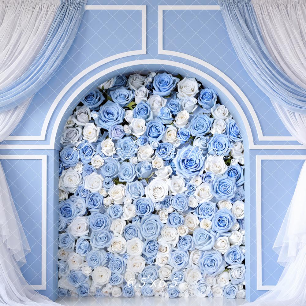 Kate Blue Flower Arch White Rose Curtain Printed Backdrop Designed by Mini MakeBelieve