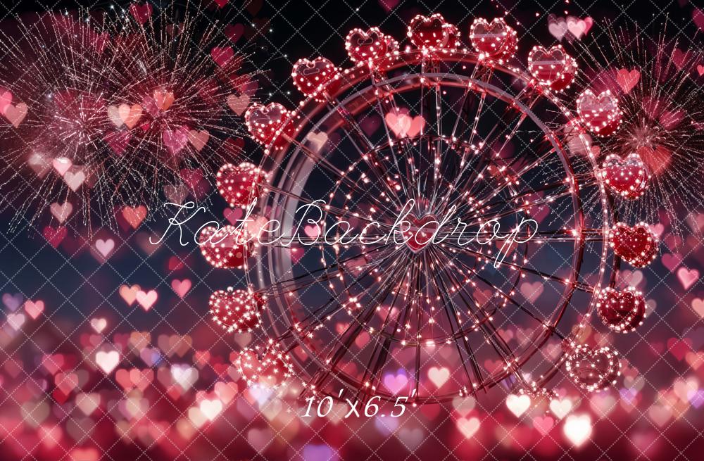 Kate Valentine's Day Ferris Wheel Fireworks Red Hearts Backdrop Designed by Emetselch