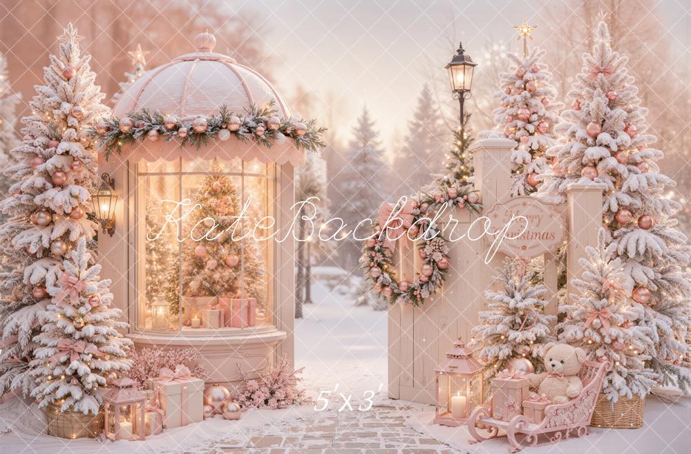 Kate Christmas Pink Gazebo Snowy Christmas Trees Gifts Sleigh Printed Backdrop Designed by Emetselch