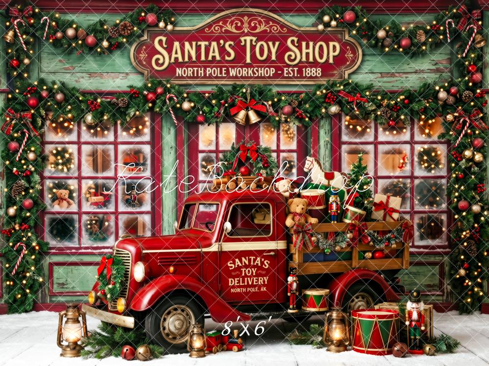 Kate Christmas Truck Santa's Toy Shop Garland Gifts Printed Backdrop Designed by Patty Roberts