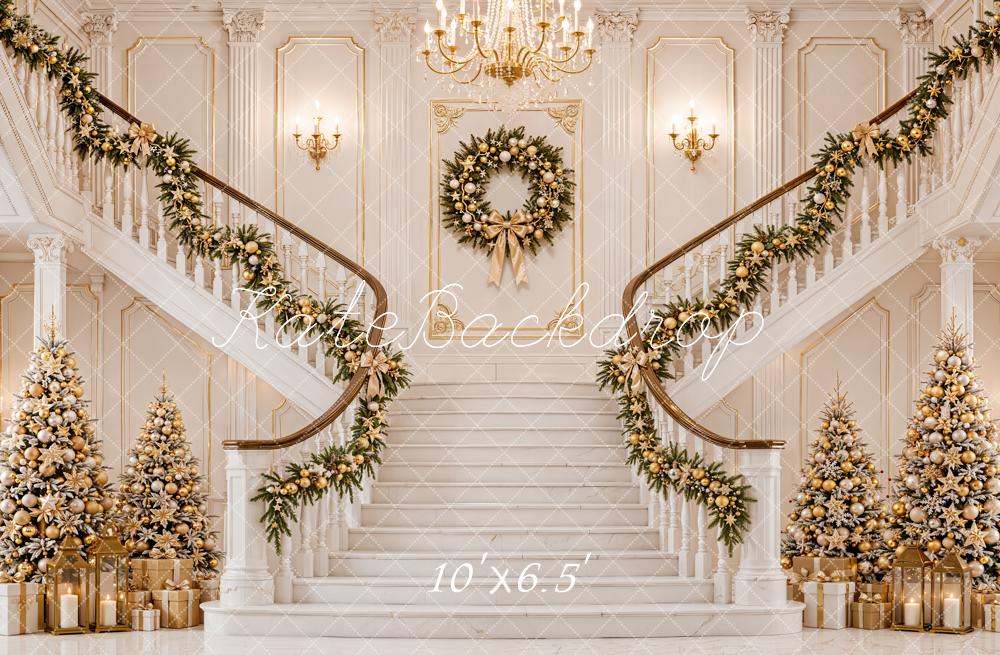 Kate Christmas Cascading Stairs Garland Wreath Ornate Interior Printed Backdrop Designed by Emetselch