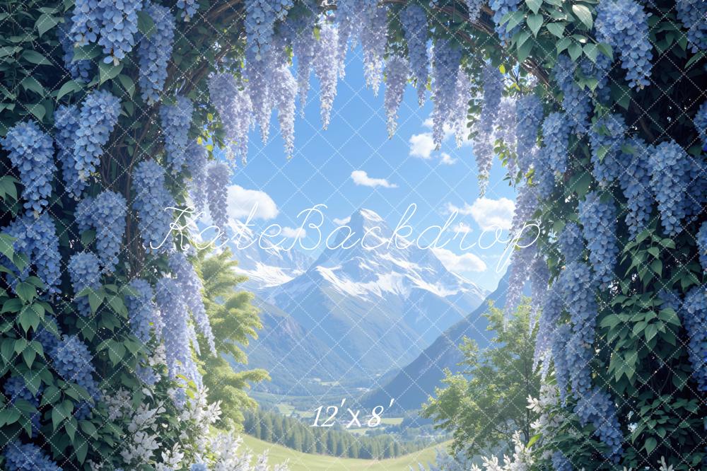 Kate Summer Blue Wisteria Flower Arch Mountain Landscape Printed Backdrop Designed by Mini MakeBelieve